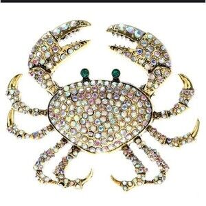 Crab Brooch Pin Crystal Clear Rhinestones And Goldtone Crab Pin 2.5” NEW
